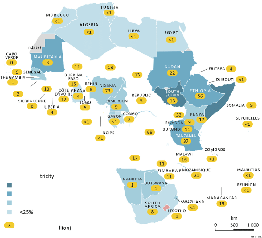 African countries by percentage of population with no access to electricity (2016). Source: ResearchGate