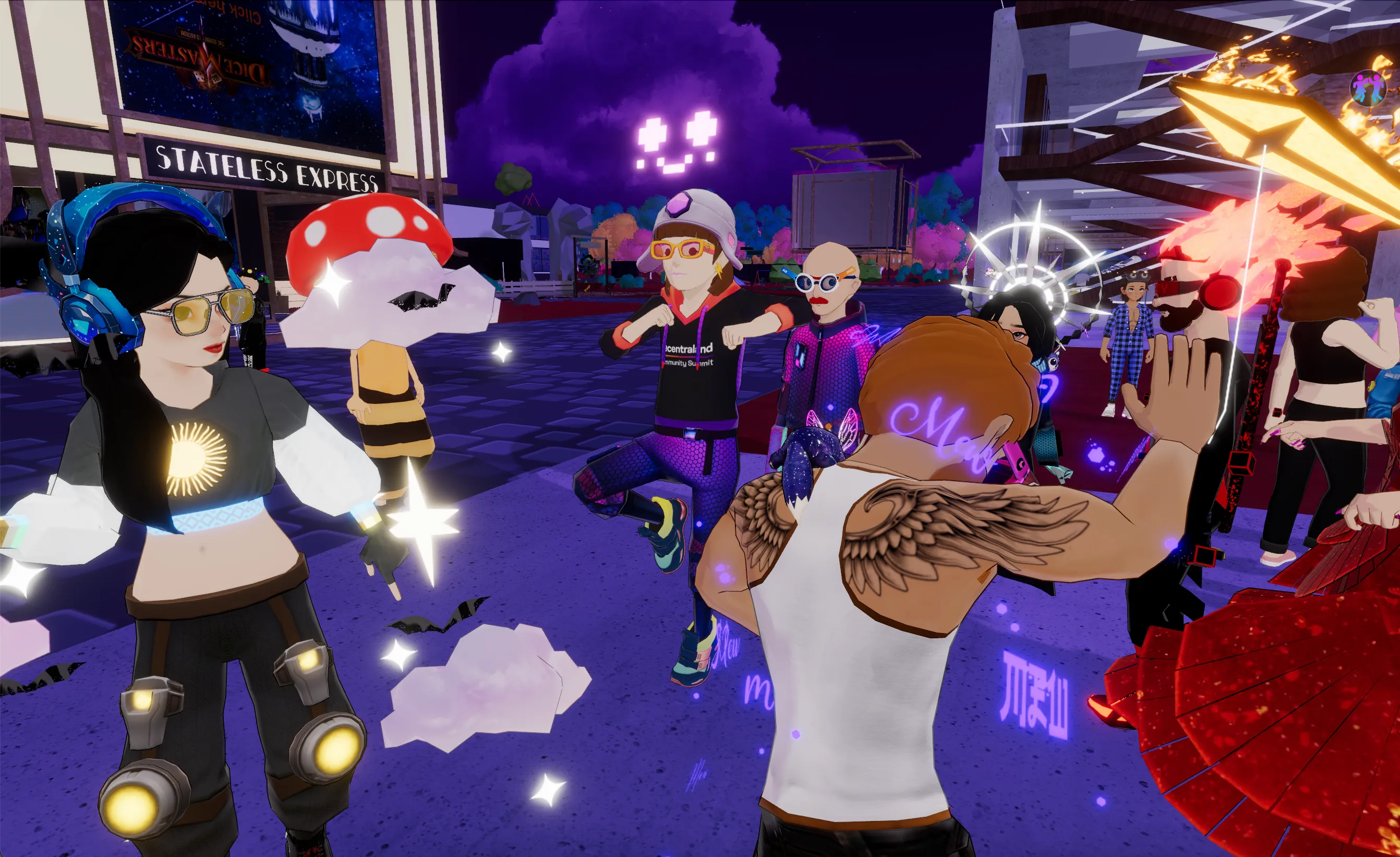 Players dancing at a party in Decentraland